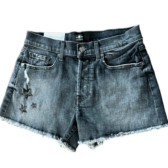 7 For All Mankind Monroe‎ Cut Off Denim Shorts Eclipse Black Star 25 Button Fly - Picture 1 of 12
